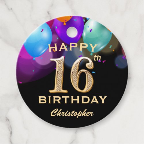 16th Birthday Party Black and Gold Balloons Favor Tags