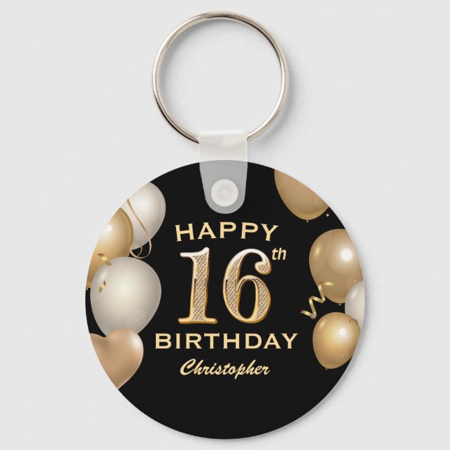 16th Birthday Party Black and Gold Balloons Keychain (Front)