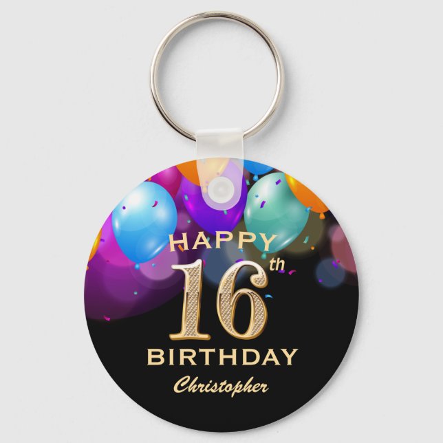 16th Birthday Party Black and Gold Balloons Keychain (Front)