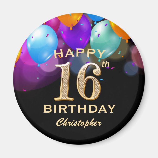 16th Birthday Party Black and Gold Balloons Magnet (Front)
