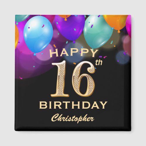 16th Birthday Party Black and Gold Balloons Magnet