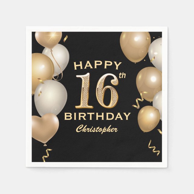 16th Birthday Party Black and Gold Balloons Napkins (Front)