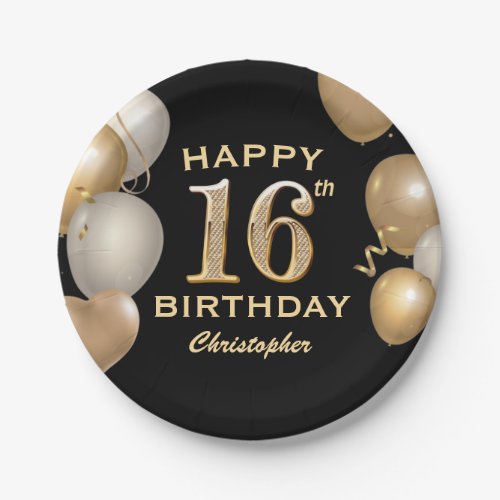 16th Birthday Party Black and Gold Balloons Paper Plates