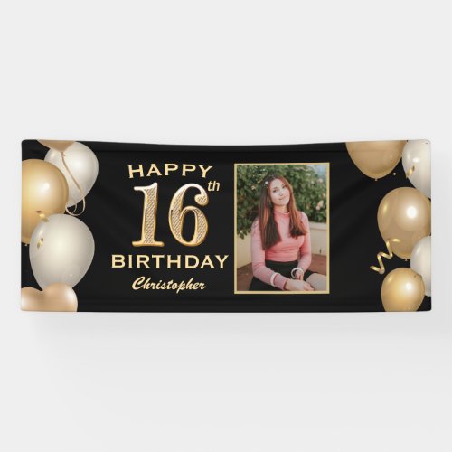 16th Birthday Party Black and Gold Balloons Photo Banner