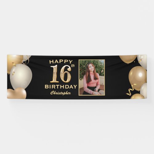 16th Birthday Party Black and Gold Balloons Photo Banner