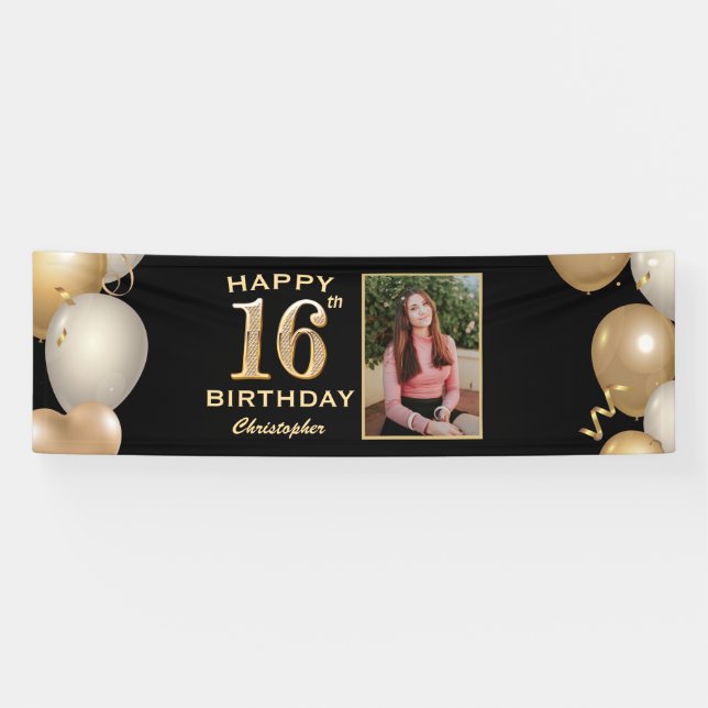 16th Birthday Party Black and Gold Balloons Photo Banner (Horizontal)