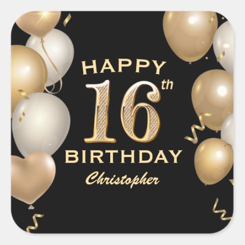 16th Birthday Party Black and Gold Balloons Square Sticker