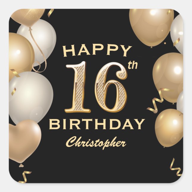 16th Birthday Party Black and Gold Balloons Square Sticker (Front)