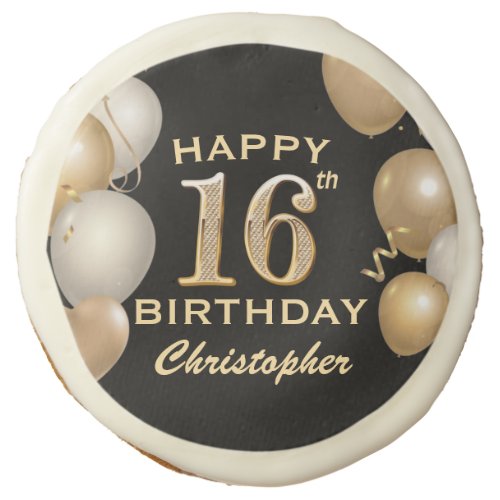 16th Birthday Party Black and Gold Balloons Sugar Cookie