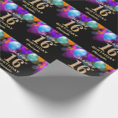 16th Birthday Party Black and Gold Balloons Wrapping Paper (Corner)