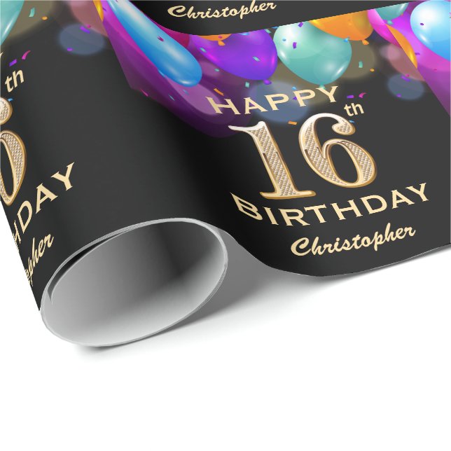 16th Birthday Party Black and Gold Balloons Wrapping Paper (Roll Corner)