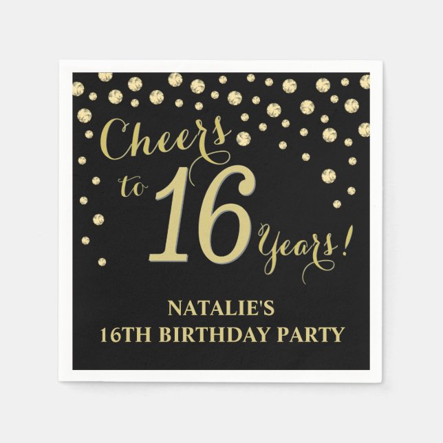 16th Birthday Party Black and Gold Diamond Napkins (Front)