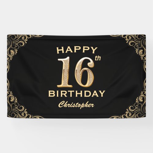 16th Birthday Party Black and Gold Glitter Frame Banner
