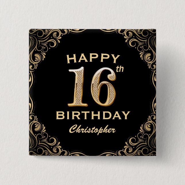 16th Birthday Party Black and Gold Glitter Frame Button (Front)