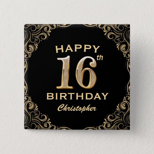 16th Birthday Party Black and Gold Glitter Frame Button