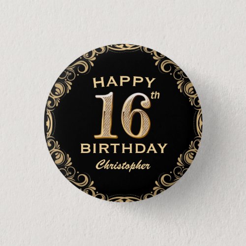 16th Birthday Party Black and Gold Glitter Frame Button