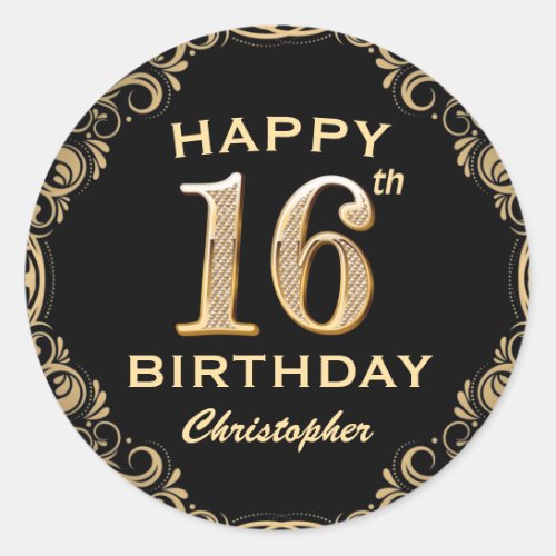 16th Birthday Party Black and Gold Glitter Frame Classic Round Sticker