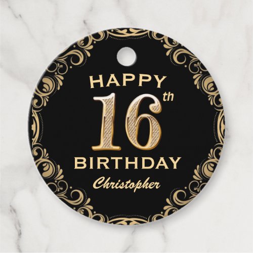 16th Birthday Party Black and Gold Glitter Frame Favor Tags