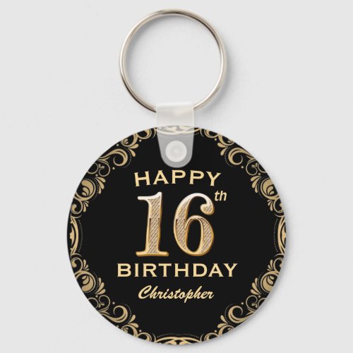 16th Birthday Party Black and Gold Glitter Frame Keychain