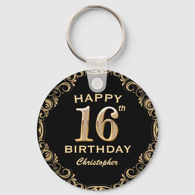 16th Birthday Party Black and Gold Glitter Frame Keychain (Front)