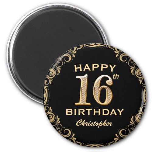 16th Birthday Party Black and Gold Glitter Frame Magnet