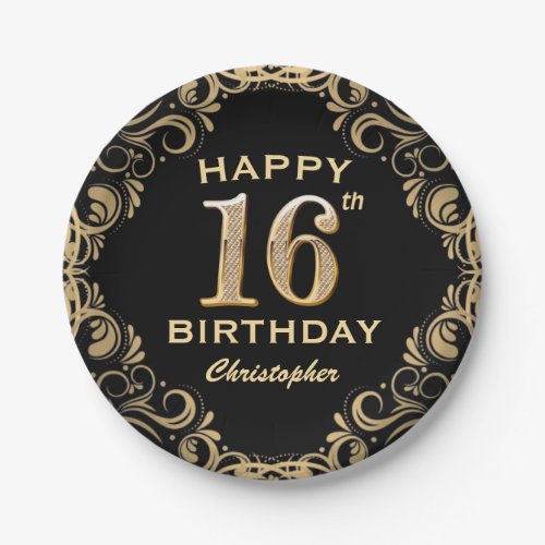 16th Birthday Party Black and Gold Glitter Frame Paper Plates