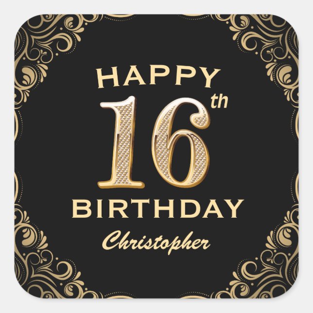 16th Birthday Party Black and Gold Glitter Frame Square Sticker (Front)