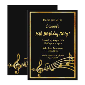 16th birthday party black and gold music notes invitation