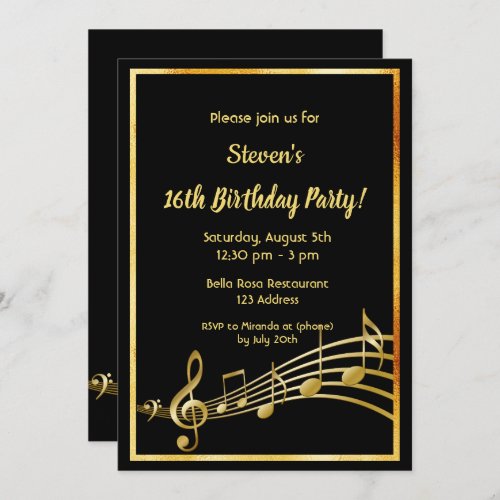 16th birthday party black and gold music notes invitation
