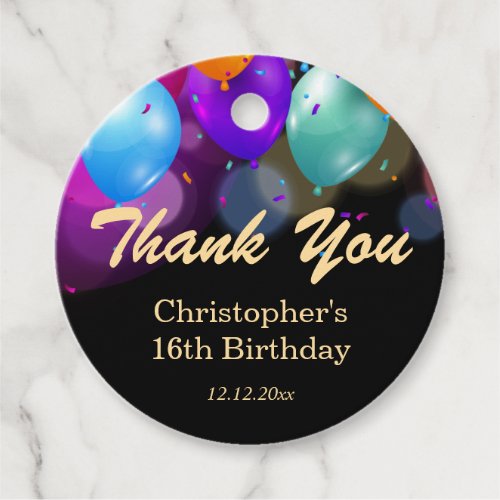 16th Birthday Party Black Gold Balloons Thank You Favor Tags