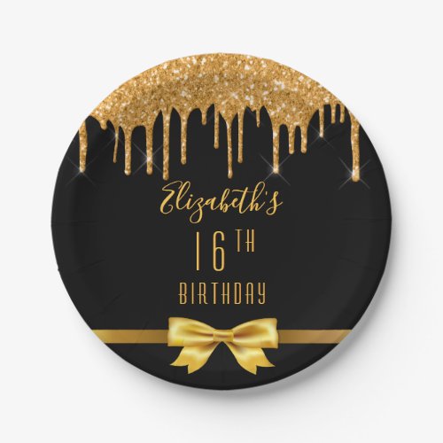 16th birthday party black gold bow glitter drip paper plates