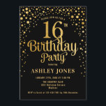 16th Birthday Party - Black & Gold Invitation<br><div class="desc">16th Birthday Party Invitation.
Elegant design in black and faux glitter gold. Features stylish script font and confetti. Message me if you need custom age.</div>