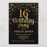 16th Birthday Party - Black & Gold Invitation<br><div class="desc">16th Birthday Party Invitation.
Elegant design in black and faux glitter gold. Features stylish script font and confetti. Message me if you need custom age.</div>