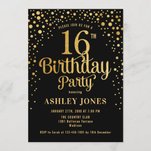 16th Birthday Party - Black & Gold Invitation