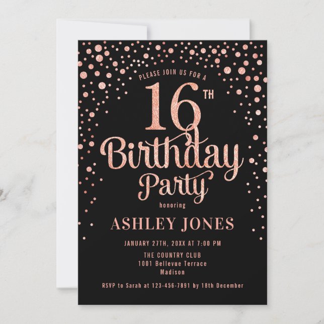 16th Birthday Party - Black & Rose Gold Invitation (Front)