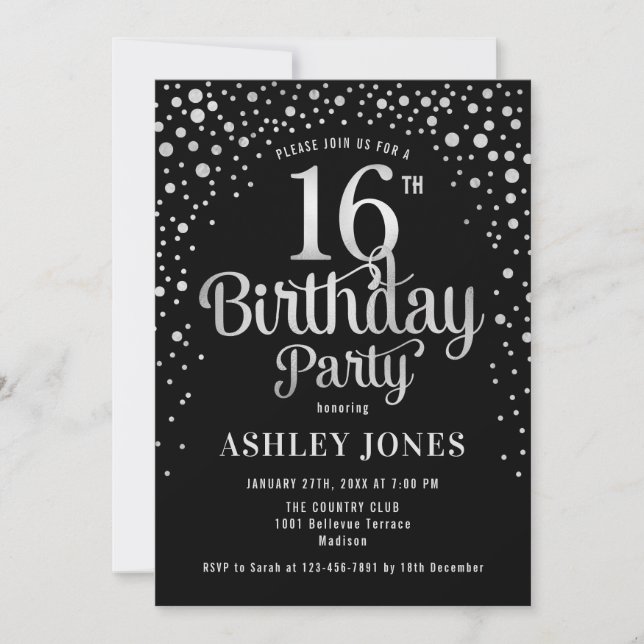 16th Birthday Party - Black & Silver Invitation (Front)