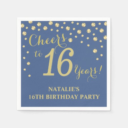 16th Birthday Party Blue and Gold Diamond Napkins