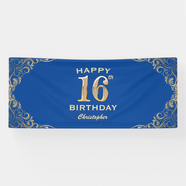 16th Birthday Party Blue and Gold Glitter Frame Banner (Horizontal)