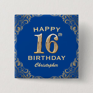 16th Birthday Party Blue and Gold Glitter Frame Button