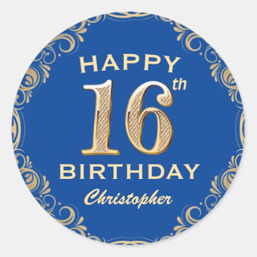 16th Birthday Party Blue and Gold Glitter Frame Classic Round Sticker