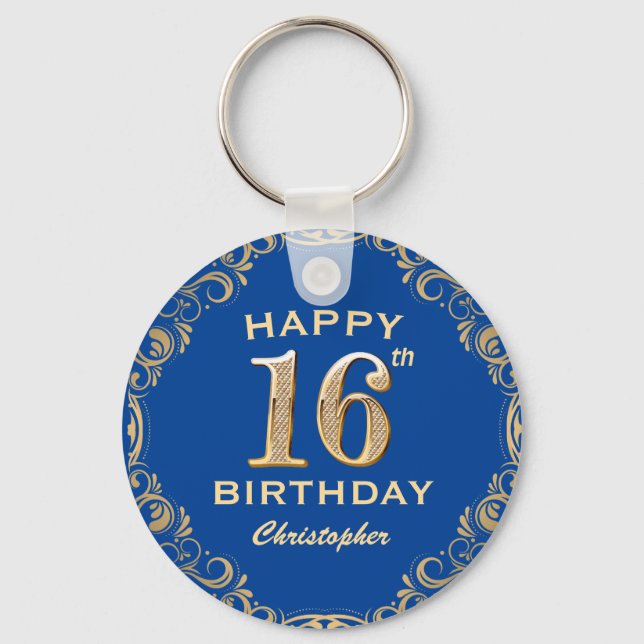 16th Birthday Party Blue and Gold Glitter Frame Keychain (Front)
