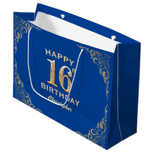 16th Birthday Party Blue and Gold Glitter Frame Large Gift Bag