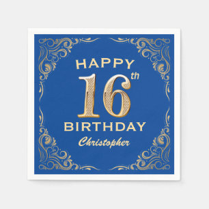 16th Birthday Party Blue and Gold Glitter Frame Napkins