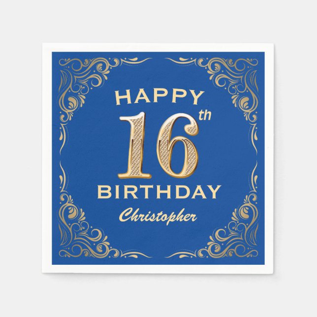 16th Birthday Party Blue and Gold Glitter Frame Napkins (Front)