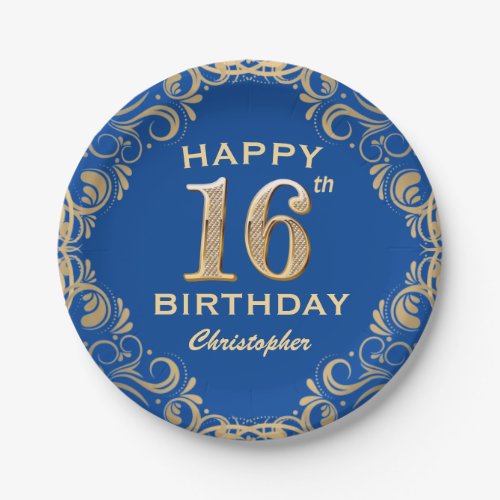 16th Birthday Party Blue and Gold Glitter Frame Paper Plates