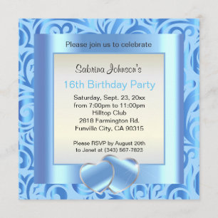 16th Birthday Party Blue, Silver & White Verder Invitation