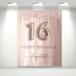 16th birthday party blush pink rose gold glitter tapestry<br><div class="desc">A tapestry for a girly and glamorous Sweet 16, 16th birthday party. A rose gold, pink gradient background with elegant rose gold colored faux glitter drips, paint dripping look. With the text: Happy Birthday. Personalize and add a name. The name is written in dark rose gold with a modern hand...</div>