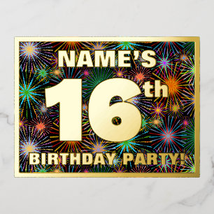 16th Birthday Party: Bold, Colorful Fireworks Look Foil Invitation Postcard