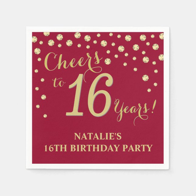 16th Birthday Party Burgundy Red and Gold Diamond Napkins (Front)