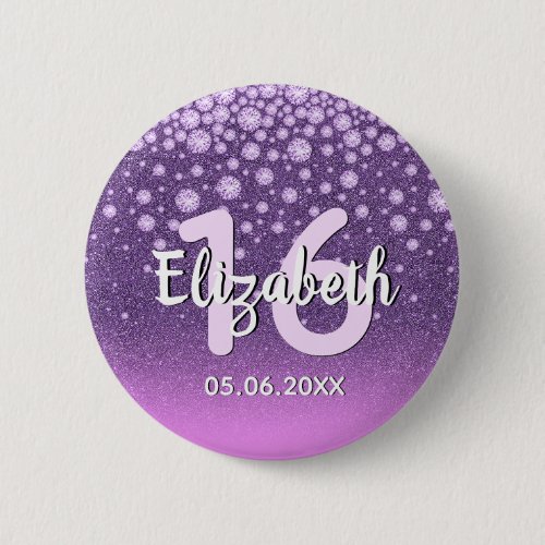 16th birthday party diamonds glitter purple pink button